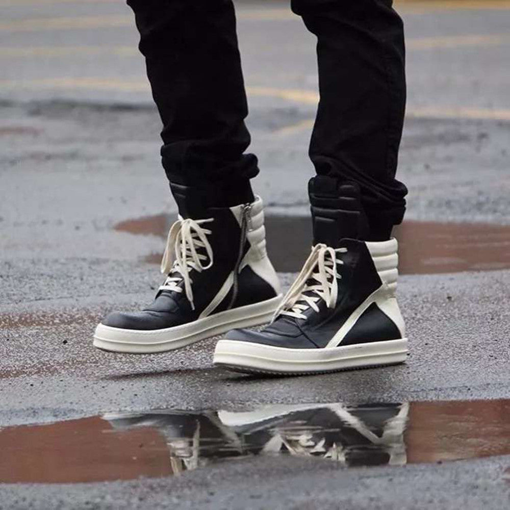 Men's Genuine Leather High Top Black And White Inverted Triangle Shoes